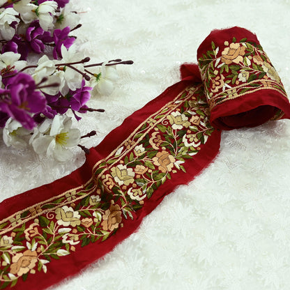 Indian Antique Vintage Real Parsi Gara Border Red Hand Embroidered Craft Trim Lace Sewing Sarees Ribbon Recycled 1yard Pure Crepe Silk