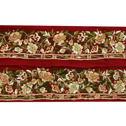 Indian Antique Vintage Real Parsi Gara Border Red Hand Embroidered Craft Trim Lace Sewing Sarees Ribbon Recycled 1yard Pure Crepe Silk