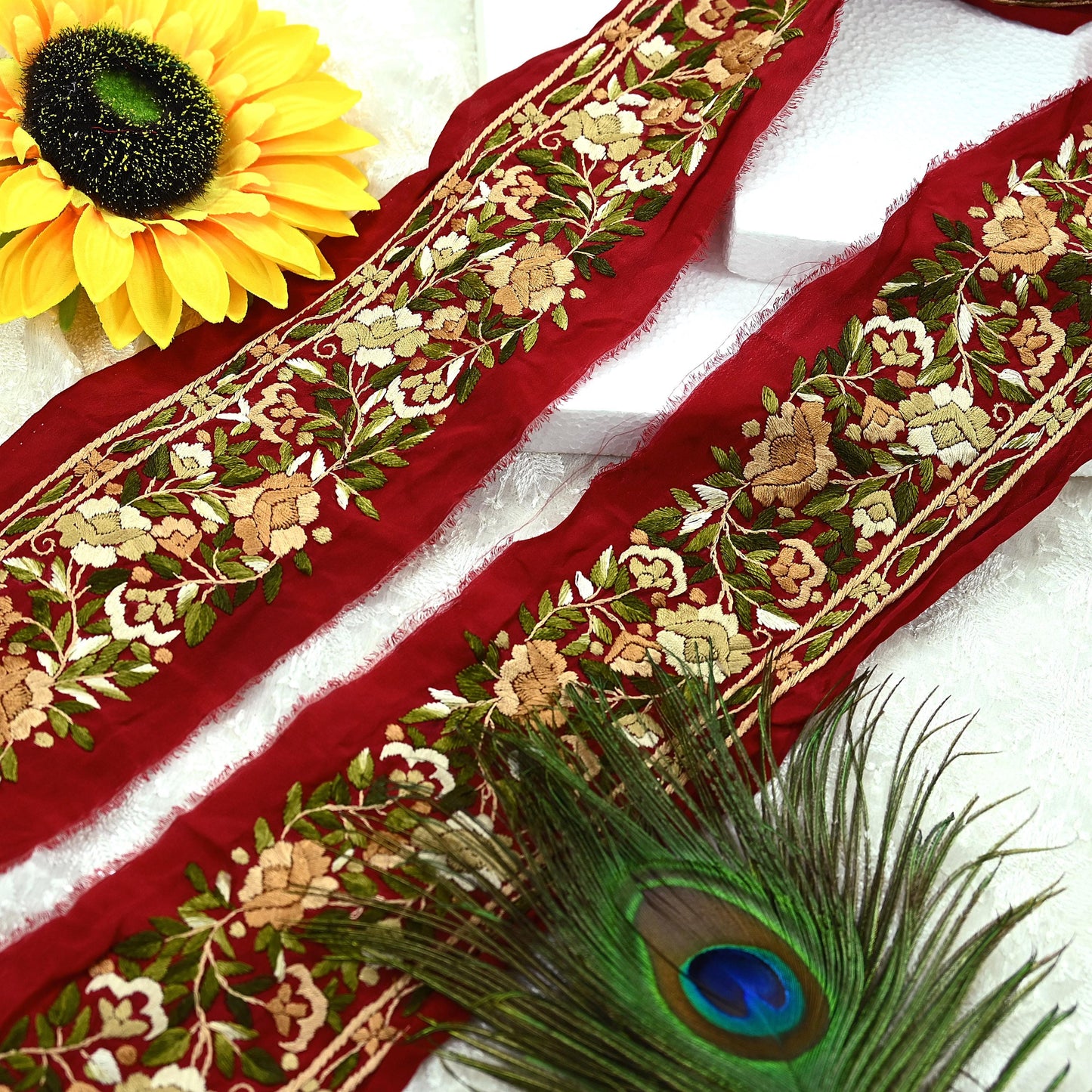 Indian Antique Vintage Real Parsi Gara Border Red Hand Embroidered Craft Trim Lace Sewing Sarees Ribbon Recycled 1yard Pure Crepe Silk