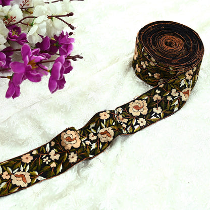 Indian Antique Vintage Real Parsi Gara Border Black Hand Embroidered Craft Trim Lace Sewing Sarees Ribbon Recycled 1yard Pure Cotton