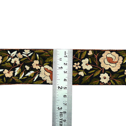 Indian Antique Vintage Real Parsi Gara Border Black Hand Embroidered Craft Trim Lace Sewing Sarees Ribbon Recycled 1yard Pure Cotton