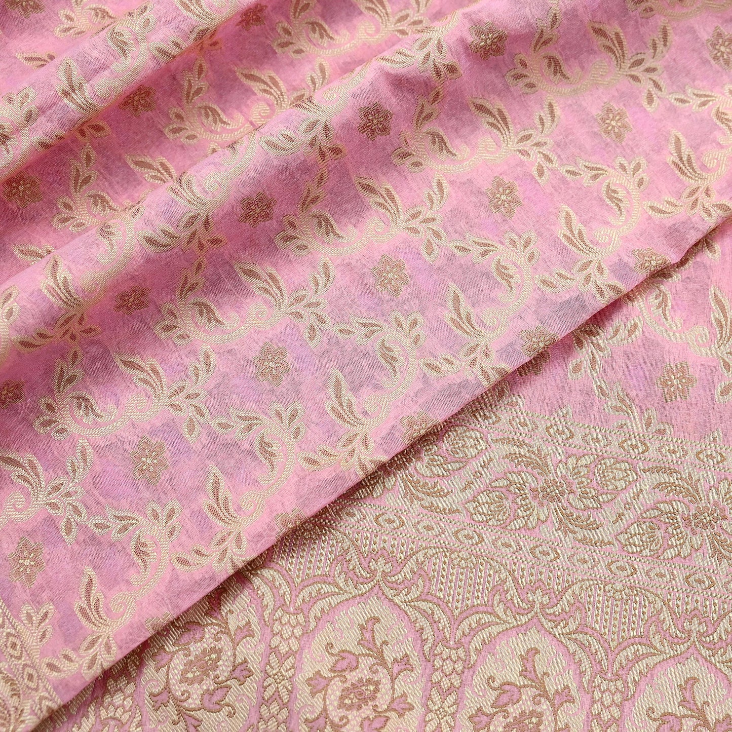 Indian Vintage Pink Dupatta Long Stole Woven Cotton Scarves Veil Golden Zari Soft Floral Design Wrap Boho Upcycle For Designing