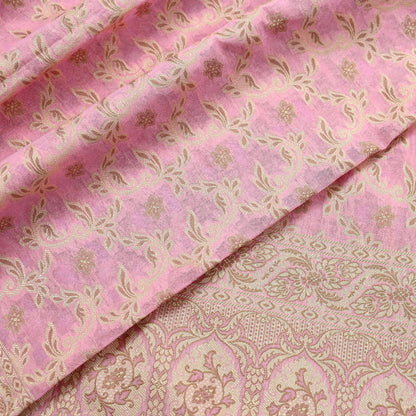 Indian Vintage Pink Dupatta Long Stole Woven Cotton Scarves Veil Golden Zari Soft Floral Design Wrap Boho Upcycle For Designing