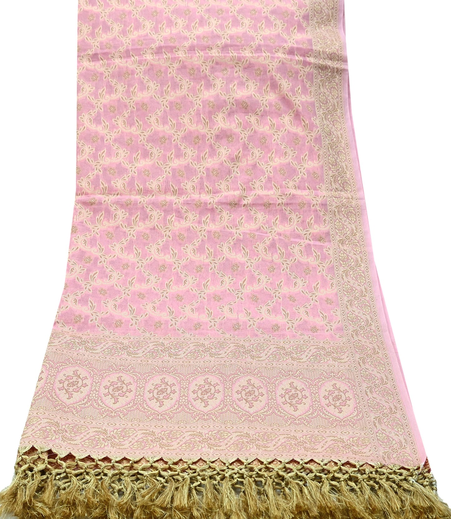 Indian Vintage Pink Dupatta Long Stole Woven Cotton Scarves Veil Golden Zari Soft Floral Design Wrap Boho Upcycle For Designing