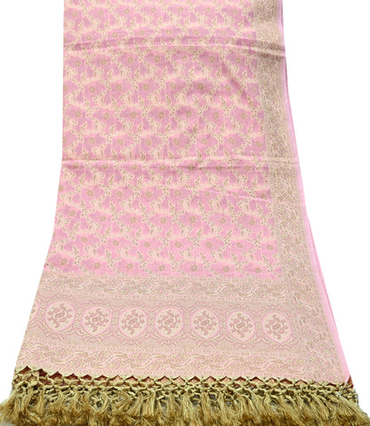 Indian Vintage Pink Dupatta Long Stole Woven Cotton Scarves Veil Golden Zari Soft Floral Design Wrap Boho Upcycle For Designing