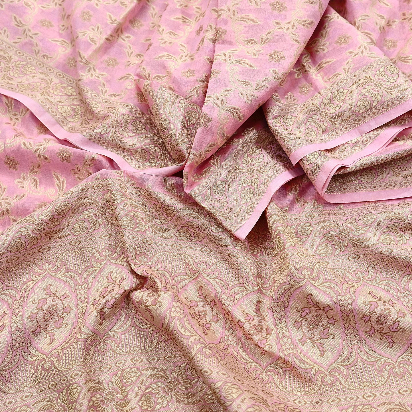 Indian Vintage Pink Dupatta Long Stole Woven Cotton Scarves Veil Golden Zari Soft Floral Design Wrap Boho Upcycle For Designing