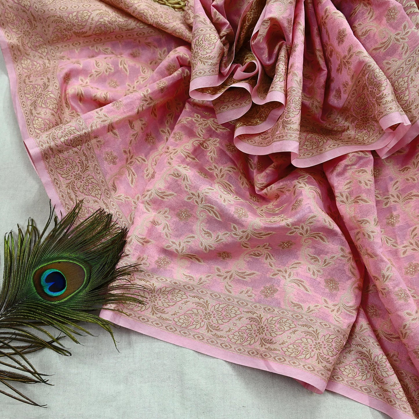 Indian Vintage Pink Dupatta Long Stole Woven Cotton Scarves Veil Golden Zari Soft Floral Design Wrap Boho Upcycle For Designing