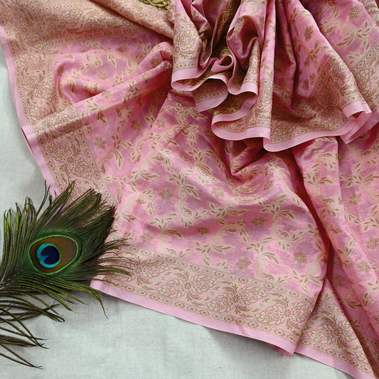 Indian Vintage Pink Dupatta Long Stole Woven Cotton Scarves Veil Golden Zari Soft Floral Design Wrap Boho Upcycle For Designing