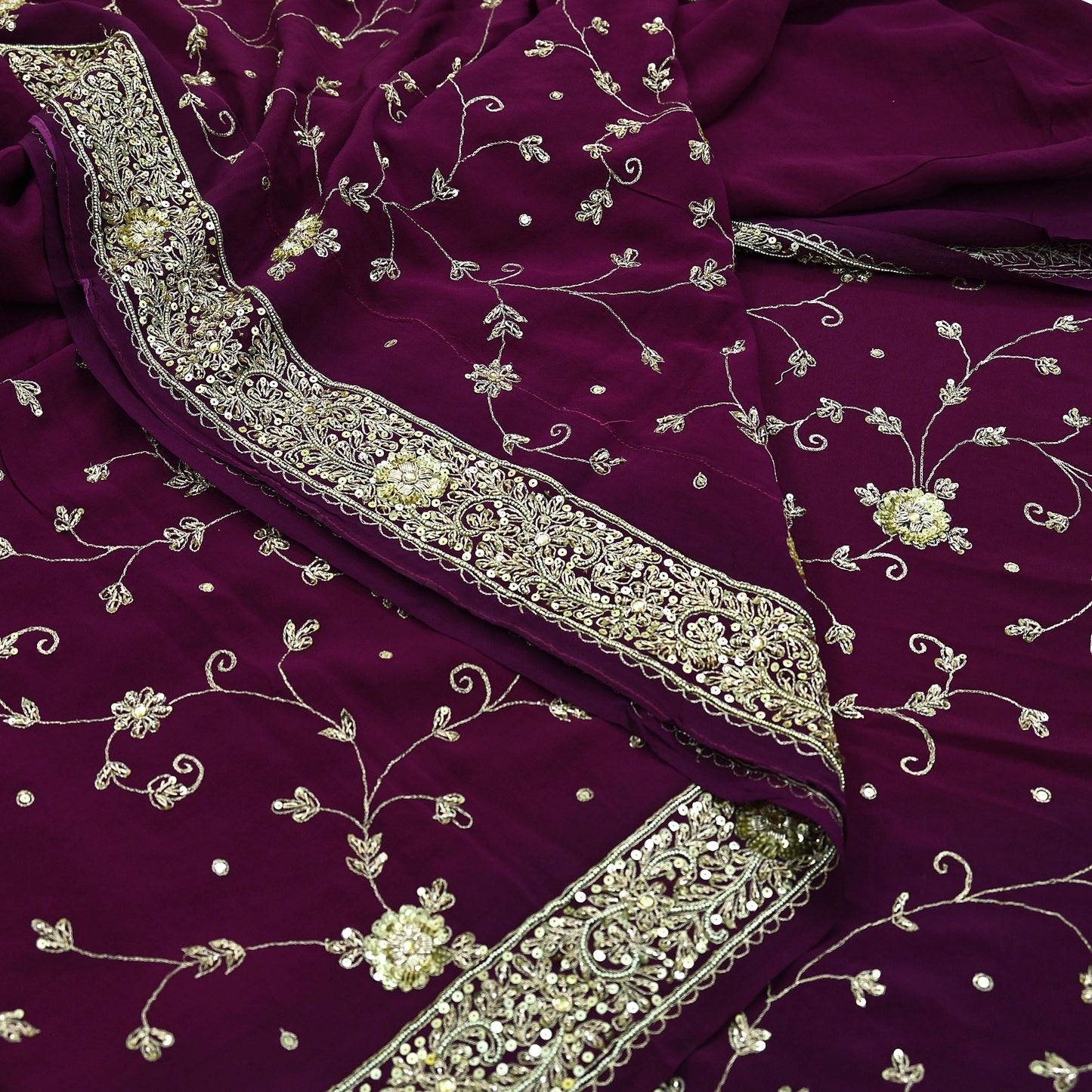 Indian Vintage Purple Saree | Pure Crepe Silk | Hand Embroidered with Zardozi | 5 Yards Soft Fabric for Sewing, Dressmaking, Craft Projects