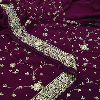 Indian Vintage Purple Saree | Pure Crepe Silk | Hand Embroidered with Zardozi | 5 Yards Soft Fabric for Sewing, Dressmaking, Craft Projects
