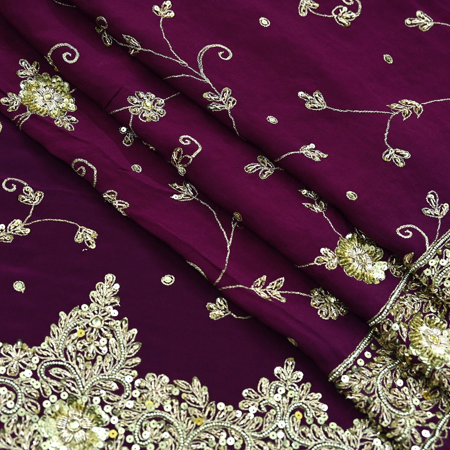 Indian Vintage Purple Saree | Pure Crepe Silk | Hand Embroidered with Zardozi | 5 Yards Soft Fabric for Sewing, Dressmaking, Craft Projects