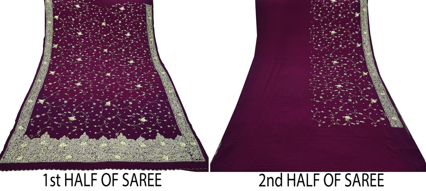 Indian Vintage Purple Saree | Pure Crepe Silk | Hand Embroidered with Zardozi | 5 Yards Soft Fabric for Sewing, Dressmaking, Craft Projects