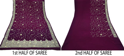 Indian Vintage Purple Saree | Pure Crepe Silk | Hand Embroidered with Zardozi | 5 Yards Soft Fabric for Sewing, Dressmaking, Craft Projects