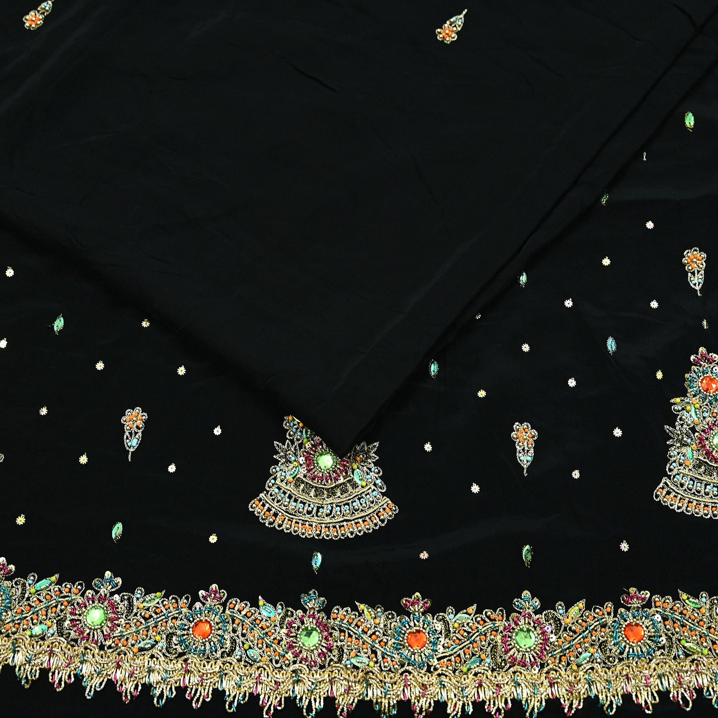 Indian Vintage Black Saree | Pure Crepe Silk | Hand Embroidered Zardozi Work | 5 Yards | Soft Craft Fabric for Sewing, Dressmaking Upcycling