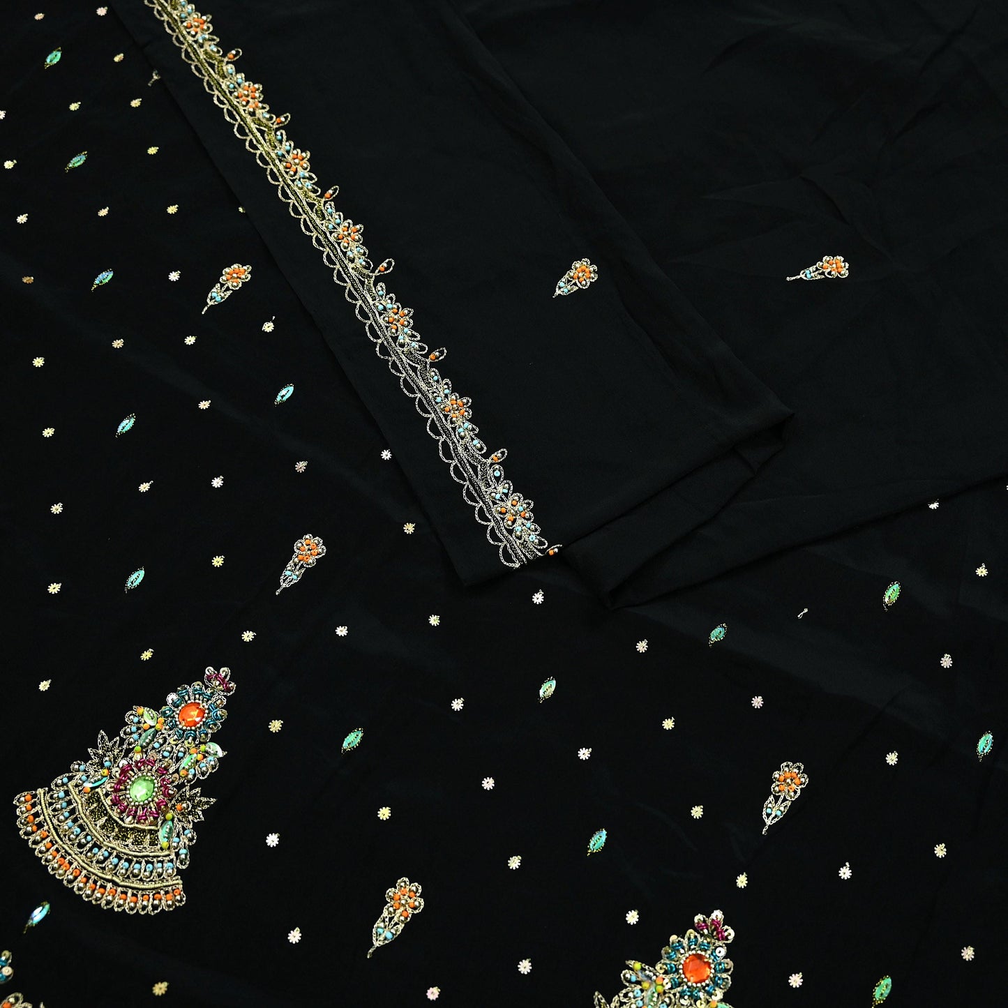 Indian Vintage Black Saree | Pure Crepe Silk | Hand Embroidered Zardozi Work | 5 Yards | Soft Craft Fabric for Sewing, Dressmaking Upcycling