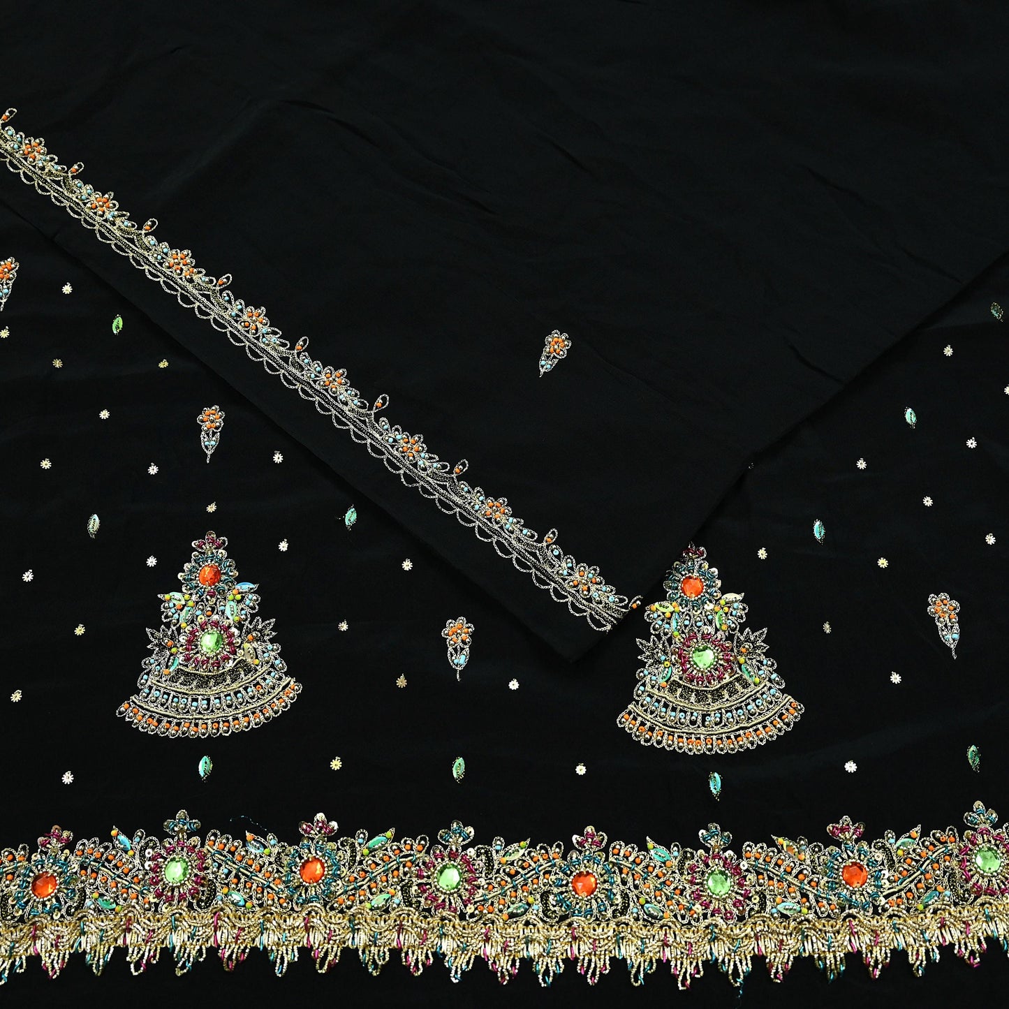 Indian Vintage Black Saree | Pure Crepe Silk | Hand Embroidered Zardozi Work | 5 Yards | Soft Craft Fabric for Sewing, Dressmaking Upcycling