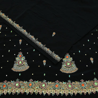 Indian Vintage Black Saree | Pure Crepe Silk | Hand Embroidered Zardozi Work | 5 Yards | Soft Craft Fabric for Sewing, Dressmaking Upcycling