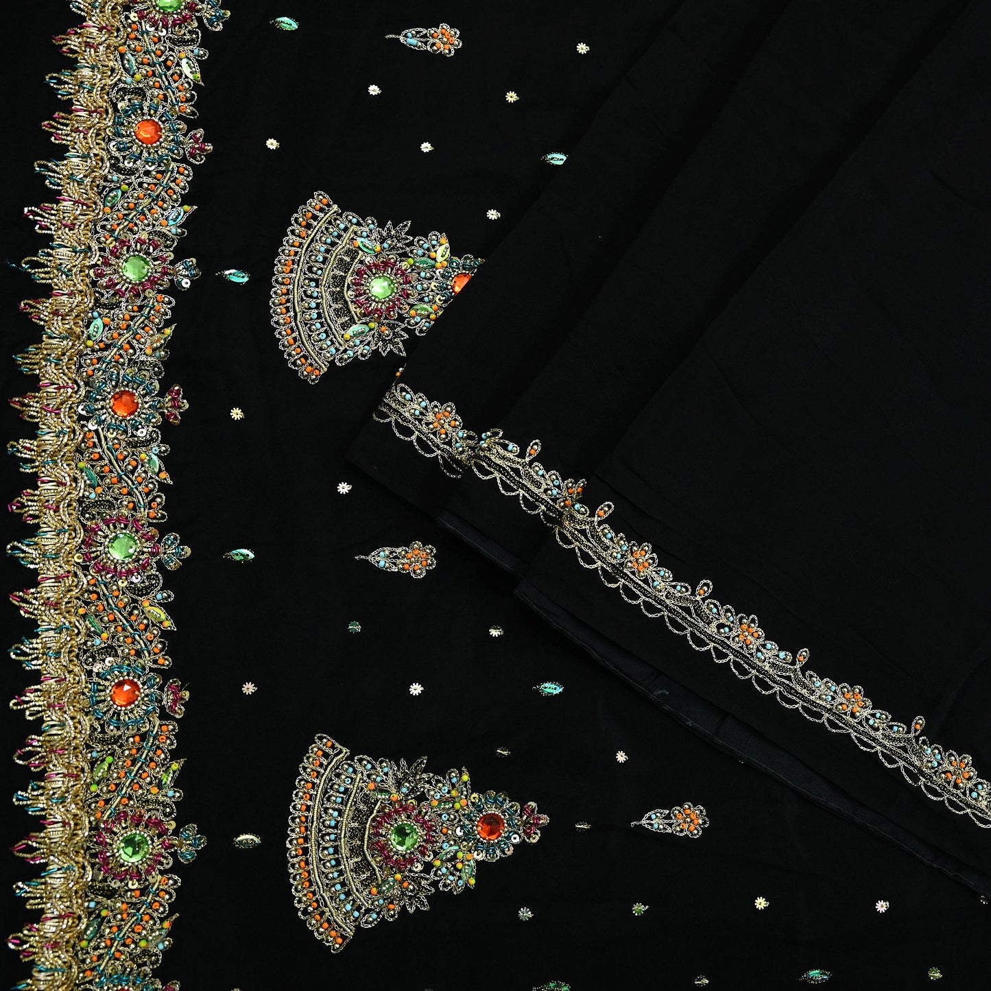 Indian Vintage Black Saree | Pure Crepe Silk | Hand Embroidered Zardozi Work | 5 Yards | Soft Craft Fabric for Sewing, Dressmaking Upcycling