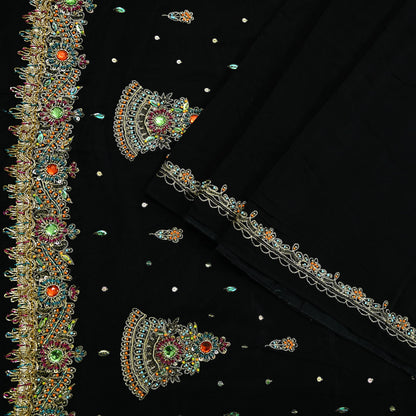 Indian Vintage Black Saree | Pure Crepe Silk | Hand Embroidered Zardozi Work | 5 Yards | Soft Craft Fabric for Sewing, Dressmaking Upcycling