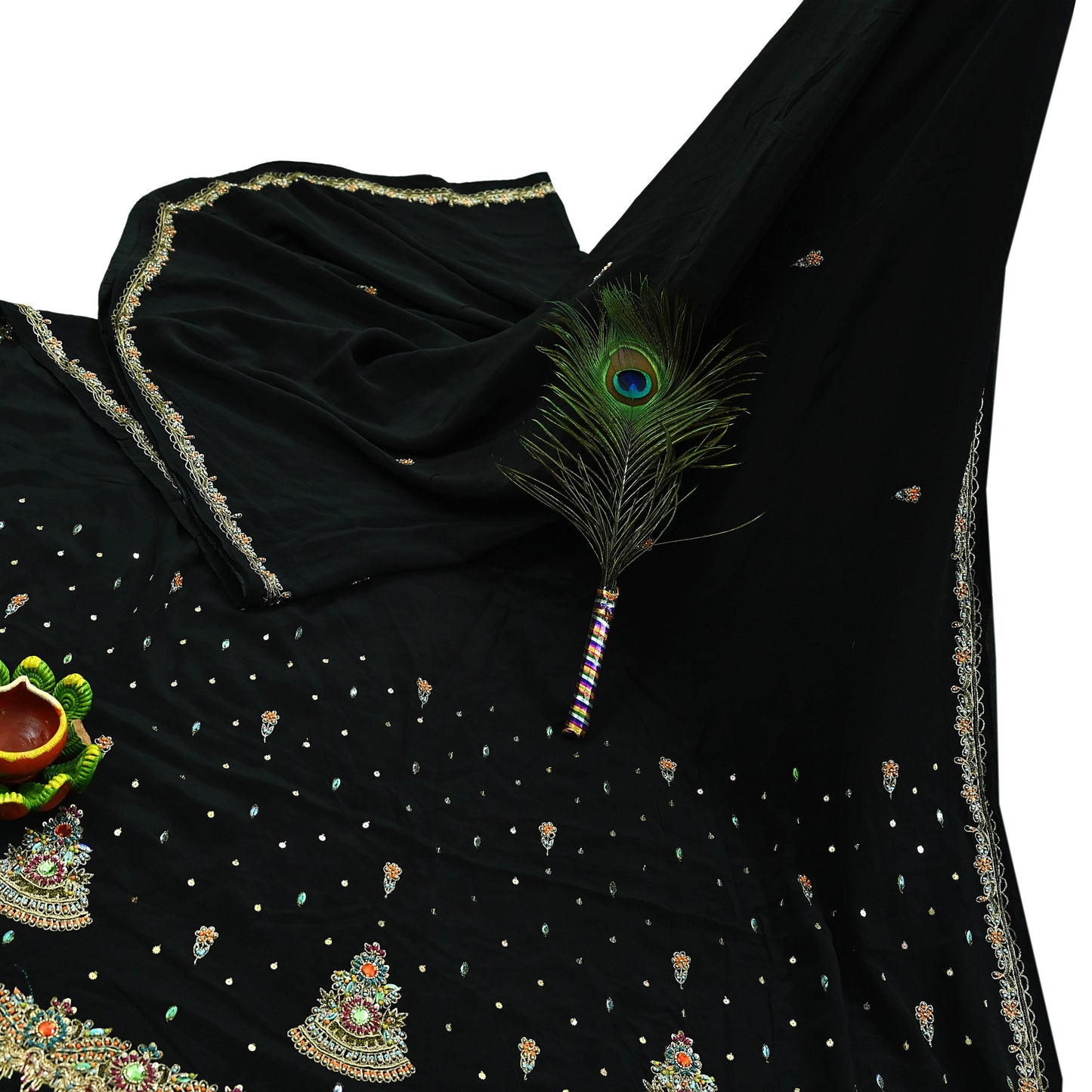 Indian Vintage Black Saree | Pure Crepe Silk | Hand Embroidered Zardozi Work | 5 Yards | Soft Craft Fabric for Sewing, Dressmaking Upcycling