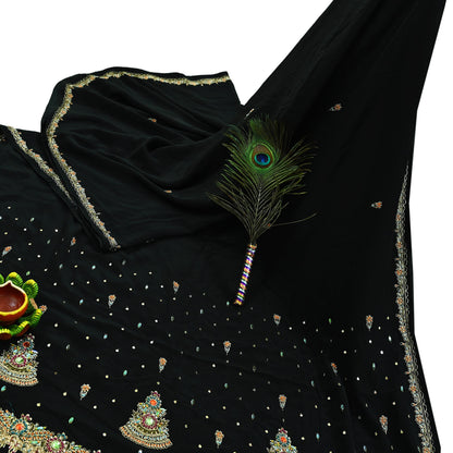 Indian Vintage Black Saree | Pure Crepe Silk | Hand Embroidered Zardozi Work | 5 Yards | Soft Craft Fabric for Sewing, Dressmaking Upcycling
