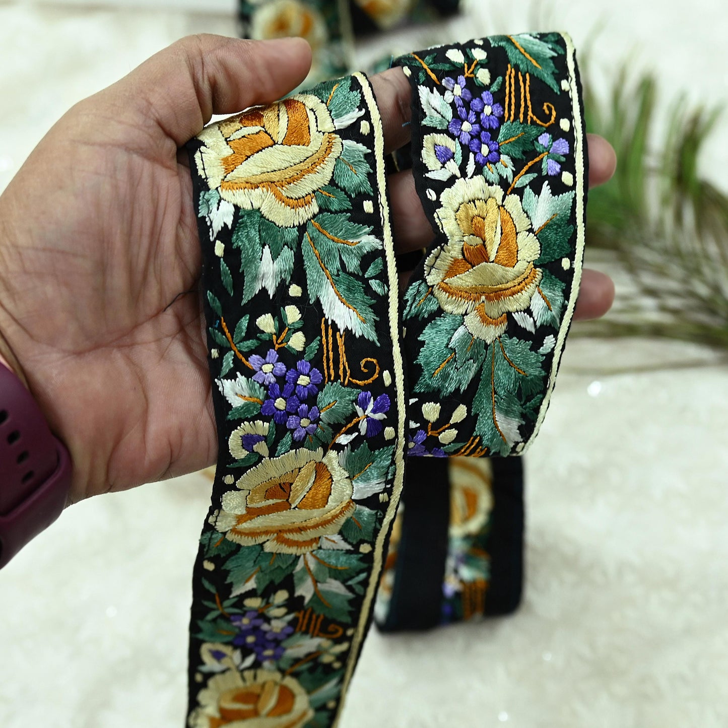 Indian Antique Vintage Real Parsi Gara Border Black Hand Embroidered Craft Trim Lace Sewing Sarees Ribbon Recycled 1yard Pure Cotton