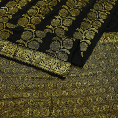 Indian Antique Vintage Black Kanjivaram Saree | Handwoven | 100% Pure Silk | Heavy Zari Work | 5 Yards Craft Fabric for Sewing, Dressmaking