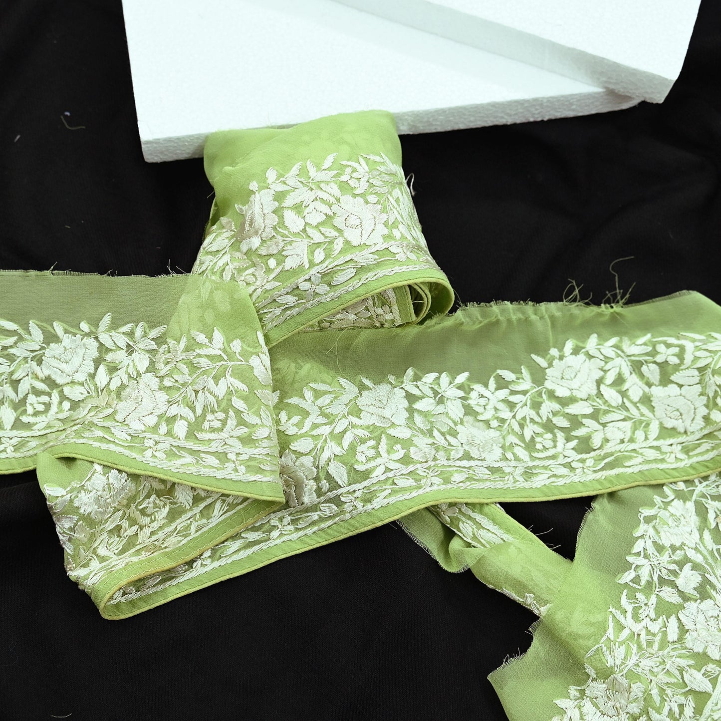 Indian Antique Vintage Real Parsi Gara Border Green Hand Embroidered Craft Trim Lace Sewing Saree Ribbon Recycled 1yard Pure Georgette Silk