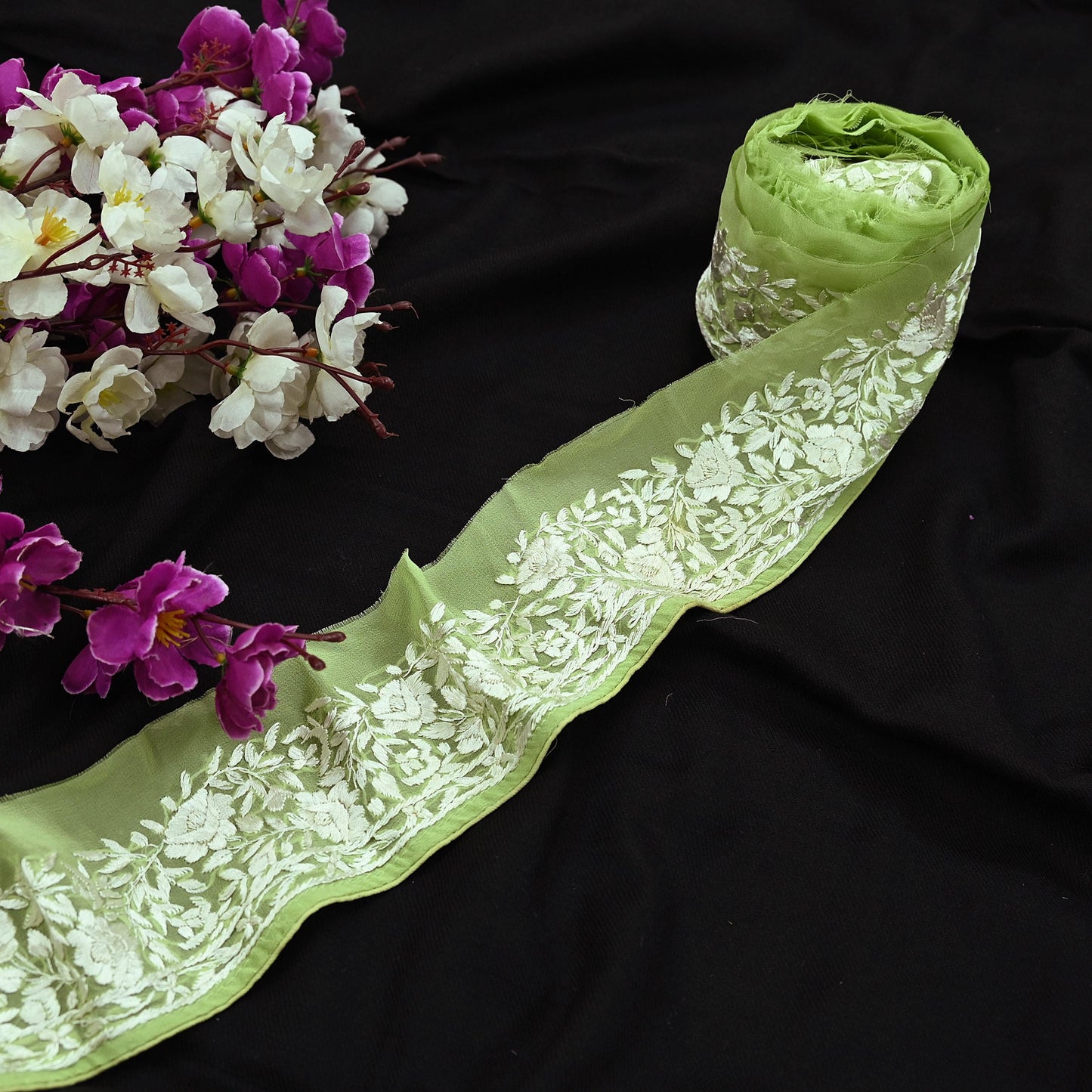 Indian Antique Vintage Real Parsi Gara Border Green Hand Embroidered Craft Trim Lace Sewing Saree Ribbon Recycled 1yard Pure Georgette Silk