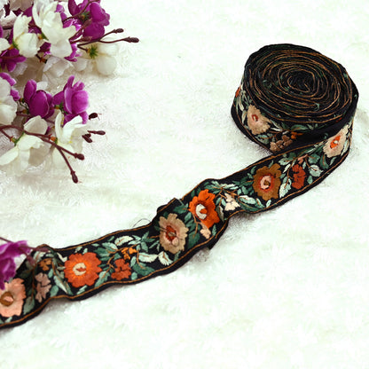 Indian Antique Vintage Real Parsi Gara Border Black Hand Embroidered Craft Trim Lace Sewing Sarees Ribbon Recycled 1yard Pure Cotton