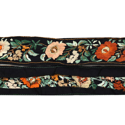 Indian Antique Vintage Real Parsi Gara Border Black Hand Embroidered Craft Trim Lace Sewing Sarees Ribbon Recycled 1yard Pure Cotton