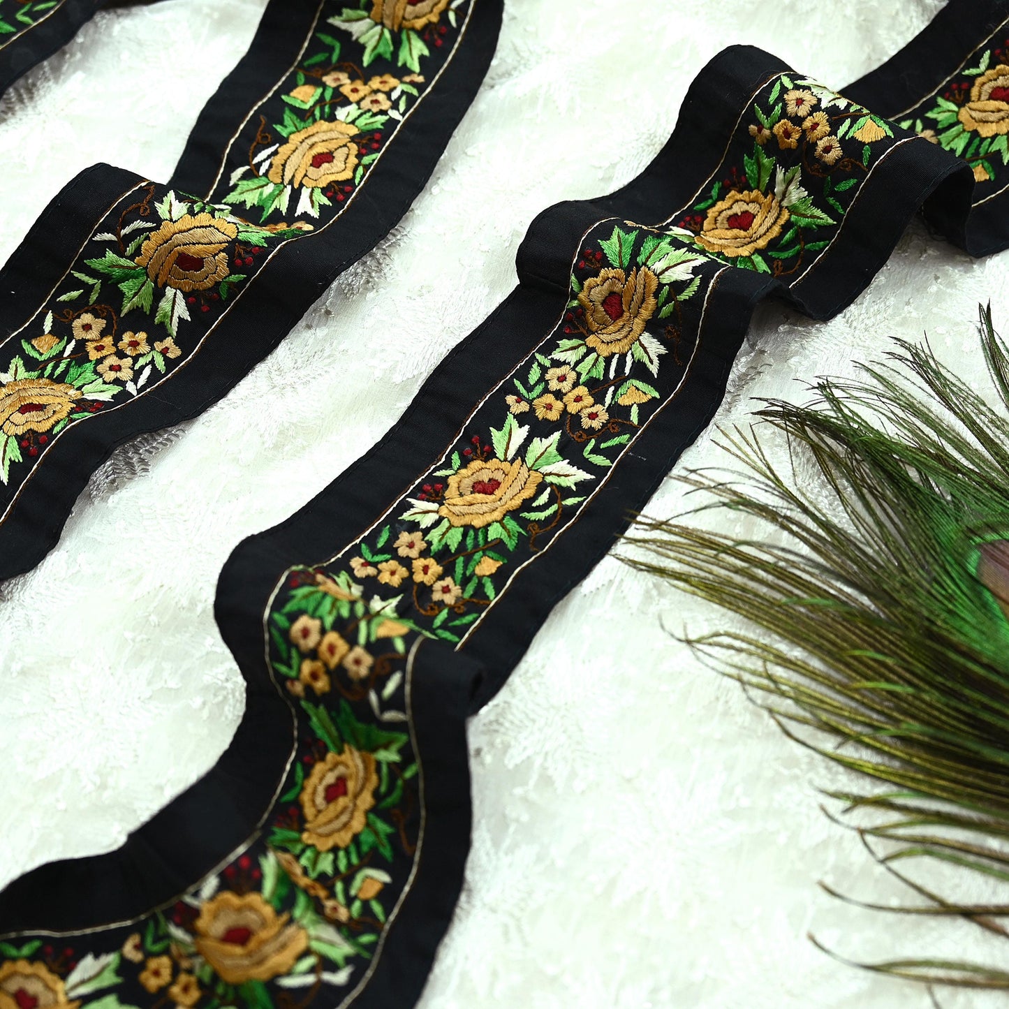 Indian Antique Vintage Real Parsi Gara Border Black Hand Embroidered Craft Trim Lace Sewing Sarees Ribbon Recycled 1yard Crepe
