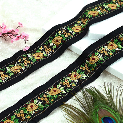 Indian Antique Vintage Real Parsi Gara Border Black Hand Embroidered Craft Trim Lace Sewing Sarees Ribbon Recycled 1yard Crepe