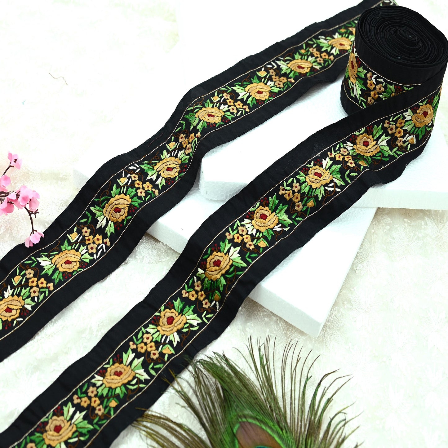 Indian Antique Vintage Real Parsi Gara Border Black Hand Embroidered Craft Trim Lace Sewing Sarees Ribbon Recycled 1yard Crepe