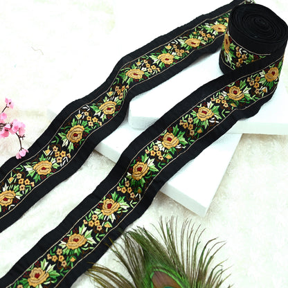 Indian Antique Vintage Real Parsi Gara Border Black Hand Embroidered Craft Trim Lace Sewing Sarees Ribbon Recycled 1yard Crepe