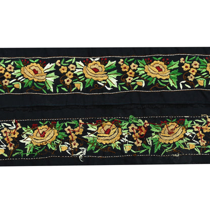 Indian Antique Vintage Real Parsi Gara Border Black Hand Embroidered Craft Trim Lace Sewing Sarees Ribbon Recycled 1yard Crepe