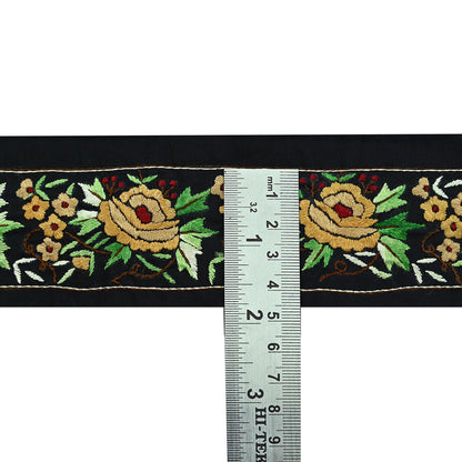 Indian Antique Vintage Real Parsi Gara Border Black Hand Embroidered Craft Trim Lace Sewing Sarees Ribbon Recycled 1yard Crepe