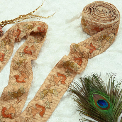 Indian Antique Vintage Real Chain Stitch Border Beige Hand Embroidered Craft Trim Lace Sewing Sarees Ribbon Recycled 1yard Net/Mesh