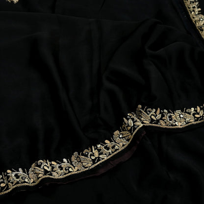 Indian Vintage Heavy Black Sarees 100% Pure Satin Silk Hand Embroidered Sari Craft Fabric 6Yd Sewing Soft Zardozi/Dabka