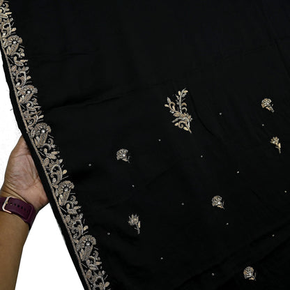 Indian Vintage Heavy Black Sarees 100% Pure Satin Silk Hand Embroidered Sari Craft Fabric 6Yd Sewing Soft Zardozi/Dabka
