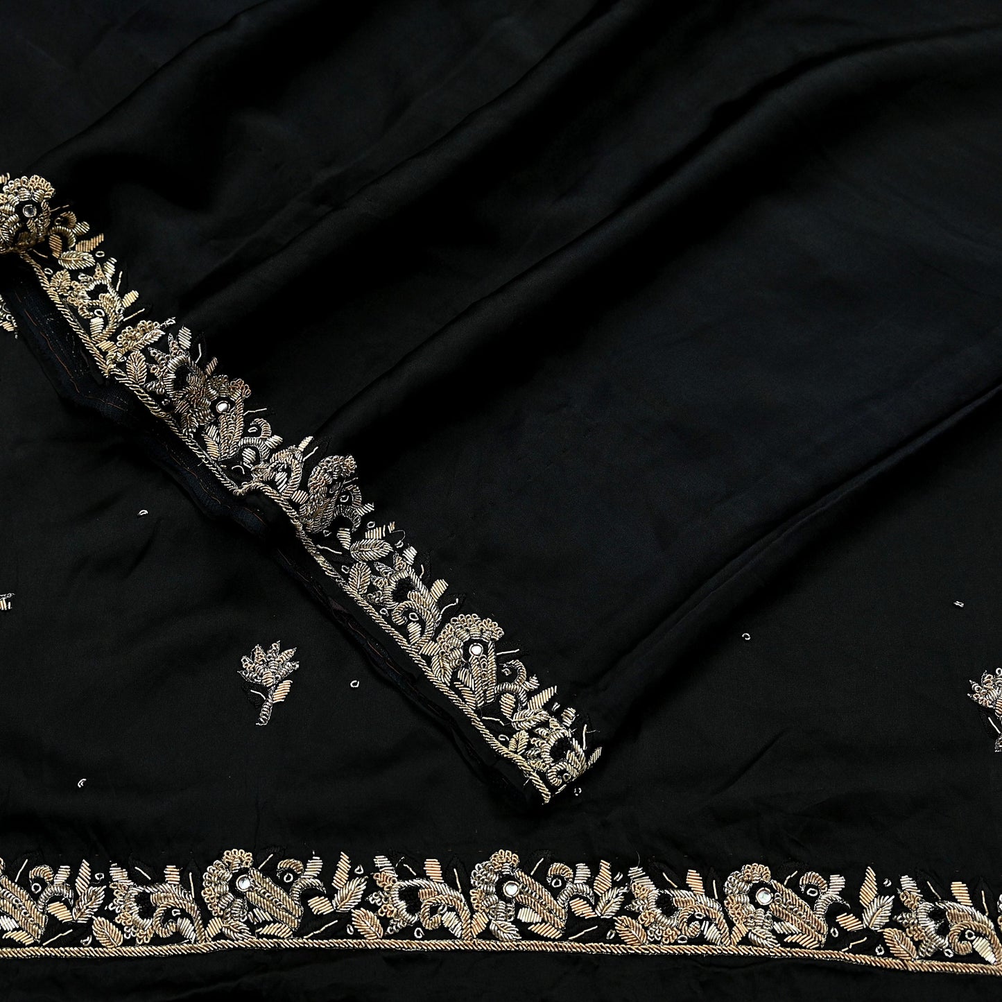 Indian Vintage Heavy Black Sarees 100% Pure Satin Silk Hand Embroidered Sari Craft Fabric 6Yd Sewing Soft Zardozi/Dabka