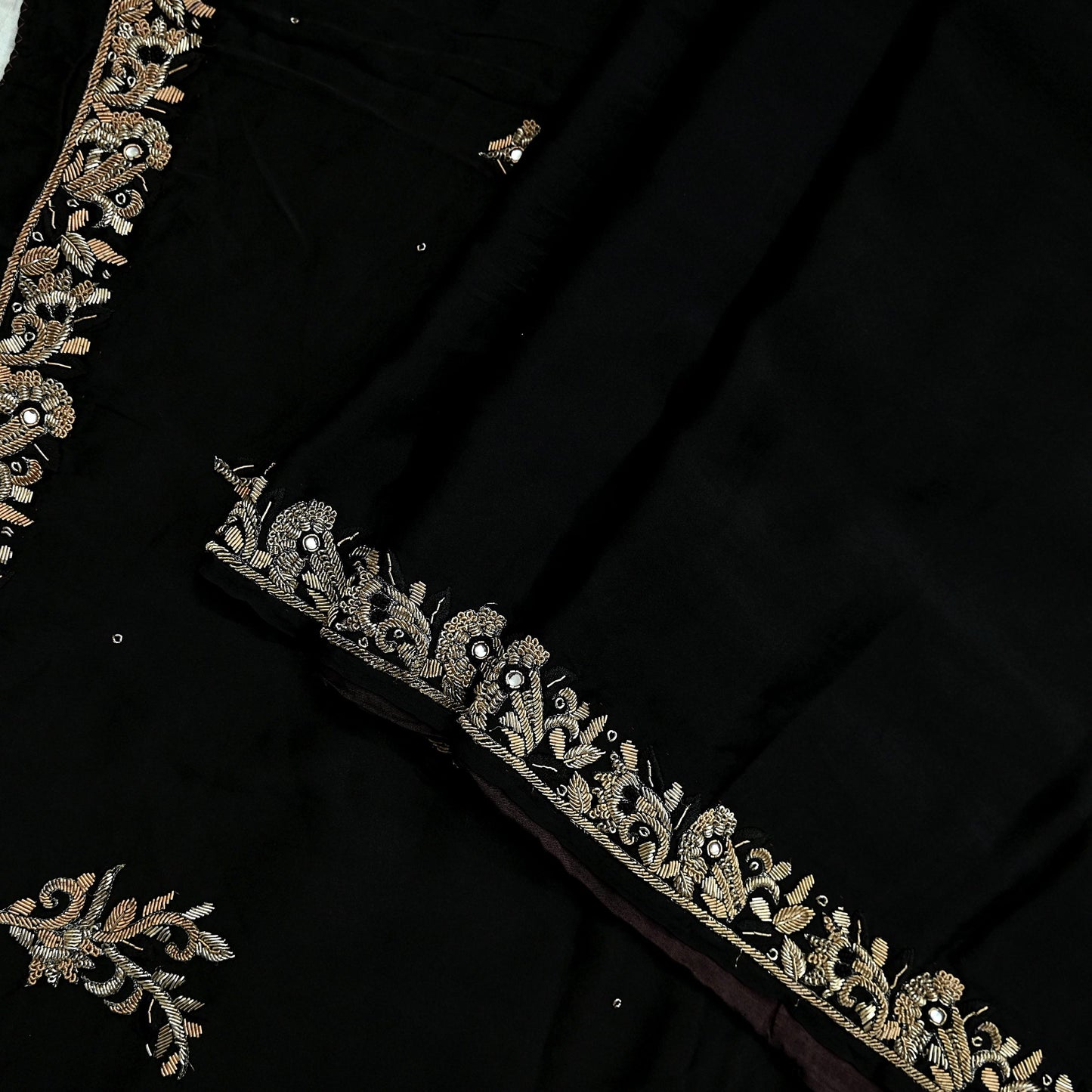 Indian Vintage Heavy Black Sarees 100% Pure Satin Silk Hand Embroidered Sari Craft Fabric 6Yd Sewing Soft Zardozi/Dabka
