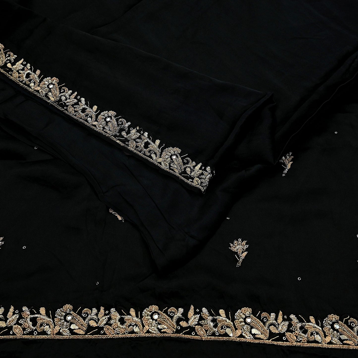 Indian Vintage Heavy Black Sarees 100% Pure Satin Silk Hand Embroidered Sari Craft Fabric 6Yd Sewing Soft Zardozi/Dabka