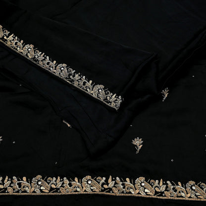 Indian Vintage Heavy Black Sarees 100% Pure Satin Silk Hand Embroidered Sari Craft Fabric 6Yd Sewing Soft Zardozi/Dabka