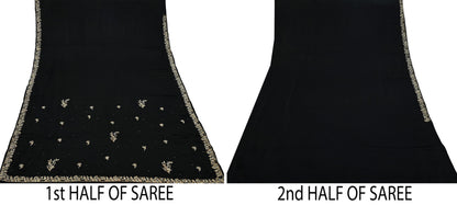 Indian Vintage Heavy Black Sarees 100% Pure Satin Silk Hand Embroidered Sari Craft Fabric 6Yd Sewing Soft Zardozi/Dabka
