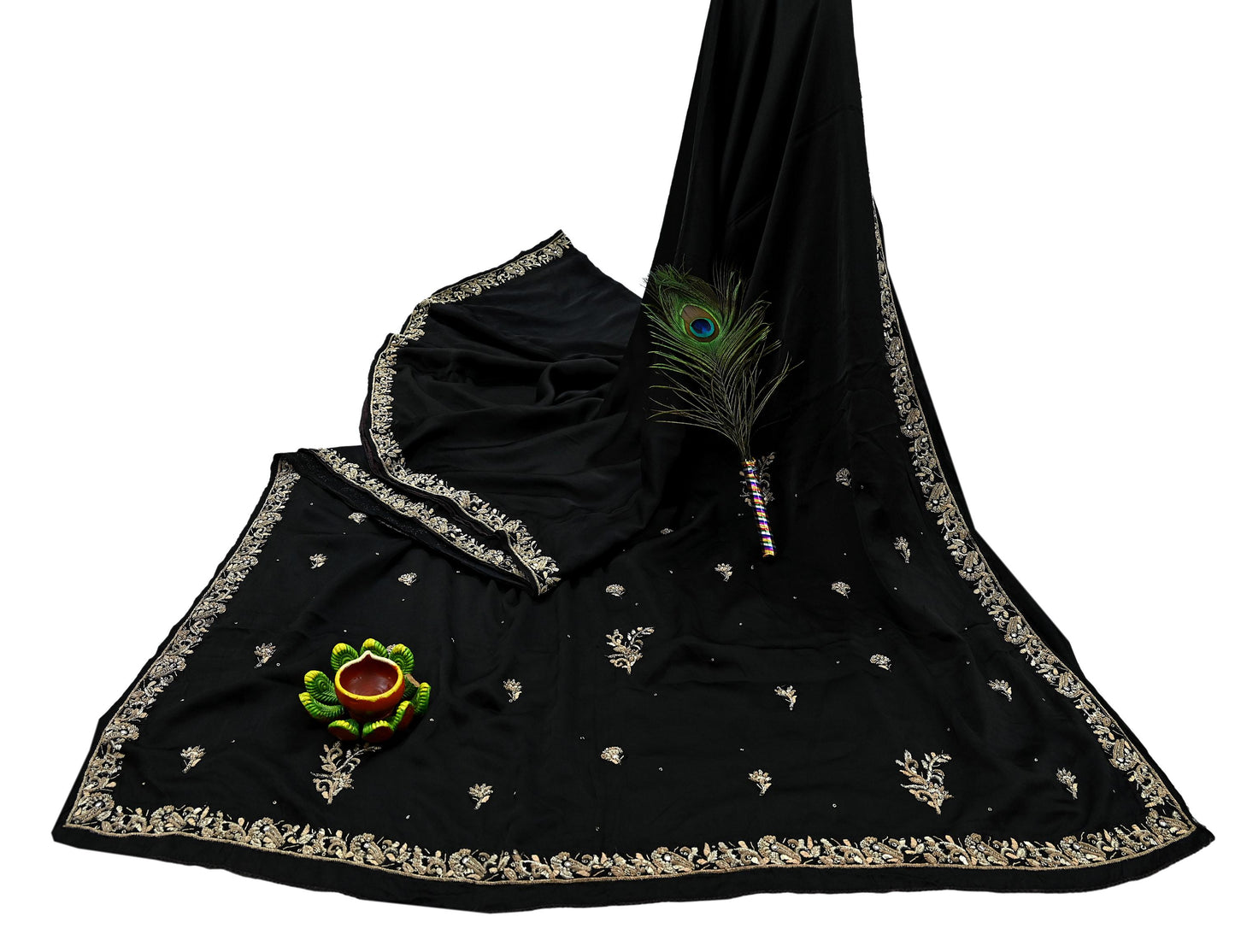 Indian Vintage Heavy Black Sarees 100% Pure Satin Silk Hand Embroidered Sari Craft Fabric 6Yd Sewing Soft Zardozi/Dabka