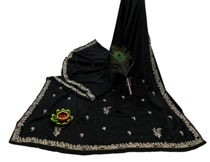 Indian Vintage Heavy Black Sarees 100% Pure Satin Silk Hand Embroidered Sari Craft Fabric 6Yd Sewing Soft Zardozi/Dabka