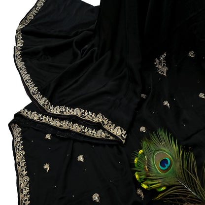 Indian Vintage Heavy Black Sarees 100% Pure Satin Silk Hand Embroidered Sari Craft Fabric 6Yd Sewing Soft Zardozi/Dabka
