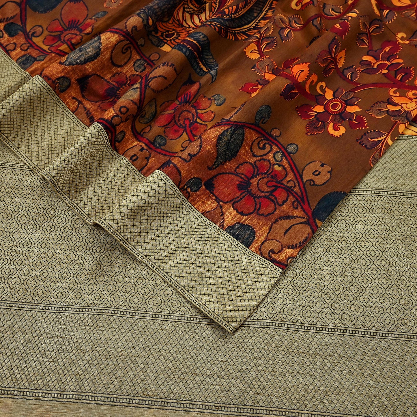 Indian Vintage Brown Saree Blend Silk Kalamkari Sari Craft Fabric 5yd Ethnic Wear Floral Crafting Quilting Peacock Design