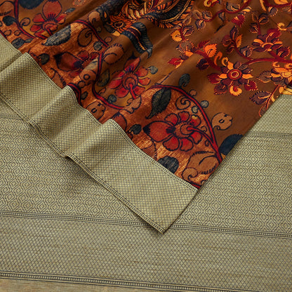 Indian Vintage Brown Saree Blend Silk Kalamkari Sari Craft Fabric 5yd Ethnic Wear Floral Crafting Quilting Peacock Design